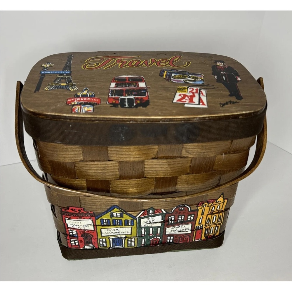 Caro Nan Signed hand painted wood basket handbag purse 1970's England Vintage